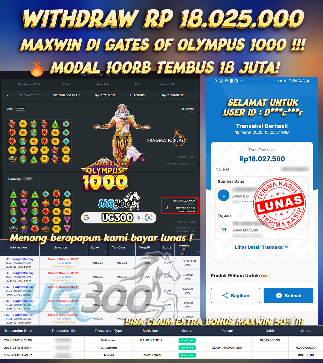 UG300 BERMAIN GATES OF OLYMPUS 1000 Rp.18,025,000- DI BAYAR TUNTAS